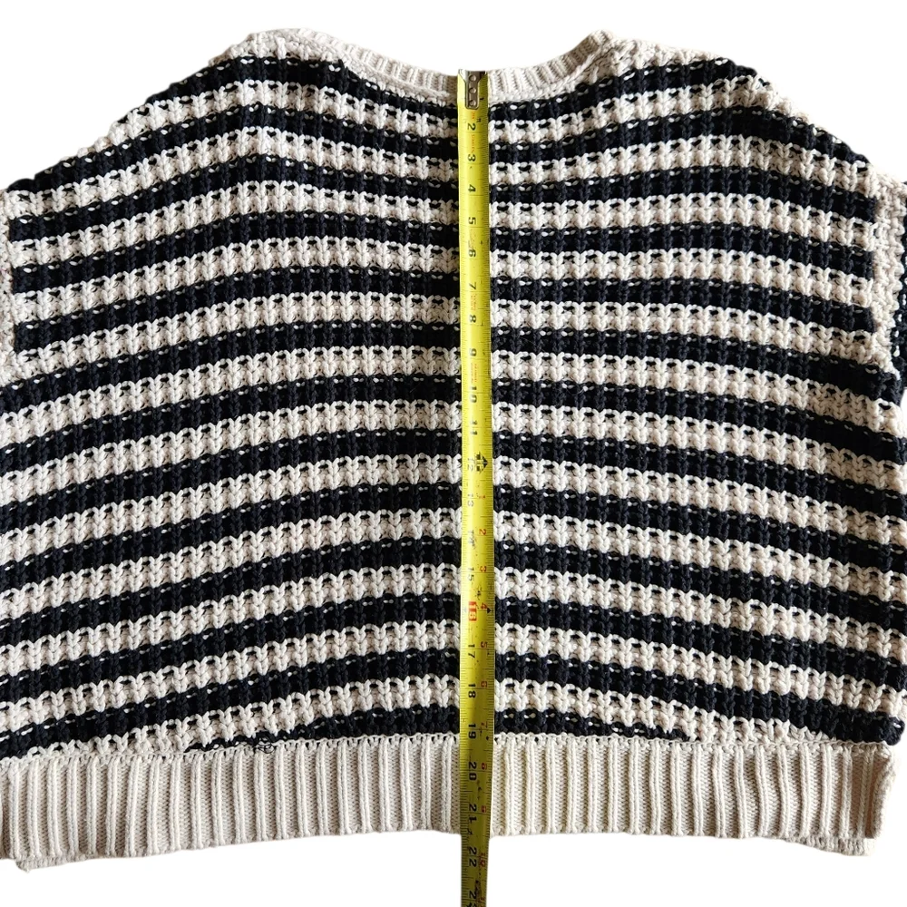 Free People At The Beach  Long Sleeve Cotton Pullover Sweater Ivory/Black Sz Med